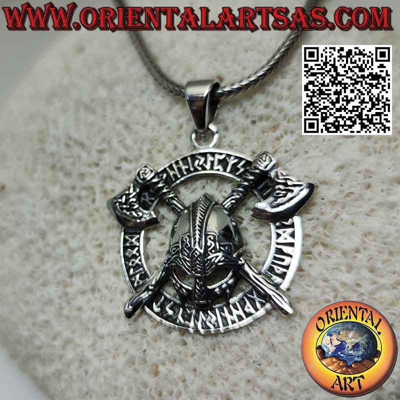 Silver pendant, Viking helmet between axes crossed in the disc of Celtic runes