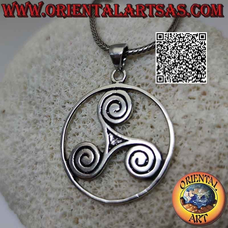 Pendentif Triskele en argent (triskell, triskelion) avec terminaisons en spirale dans le cercle cosmique (grand)