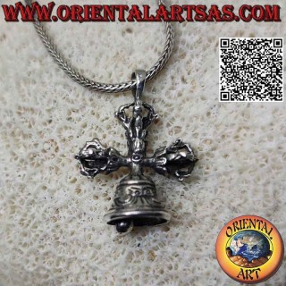 Pendentif en argent, double Dorje ou Vishvajra avec cloche tibétaine tridimensionnelle (croix tibétaine)