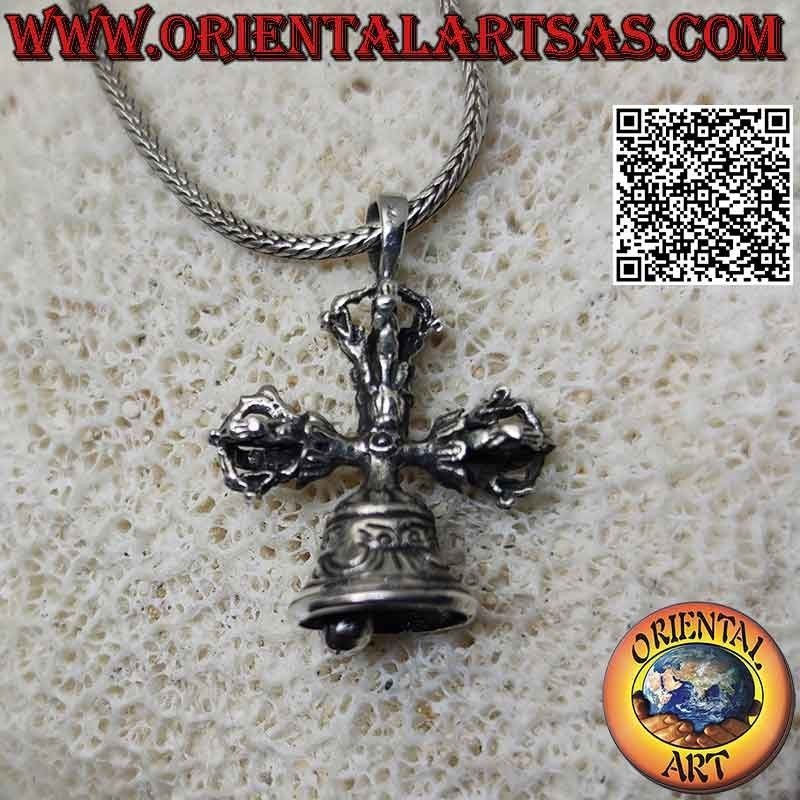 Colgante de plata, doble Dorje o Vishvajra con campana tibetana tridimensional (cruz tibetana)