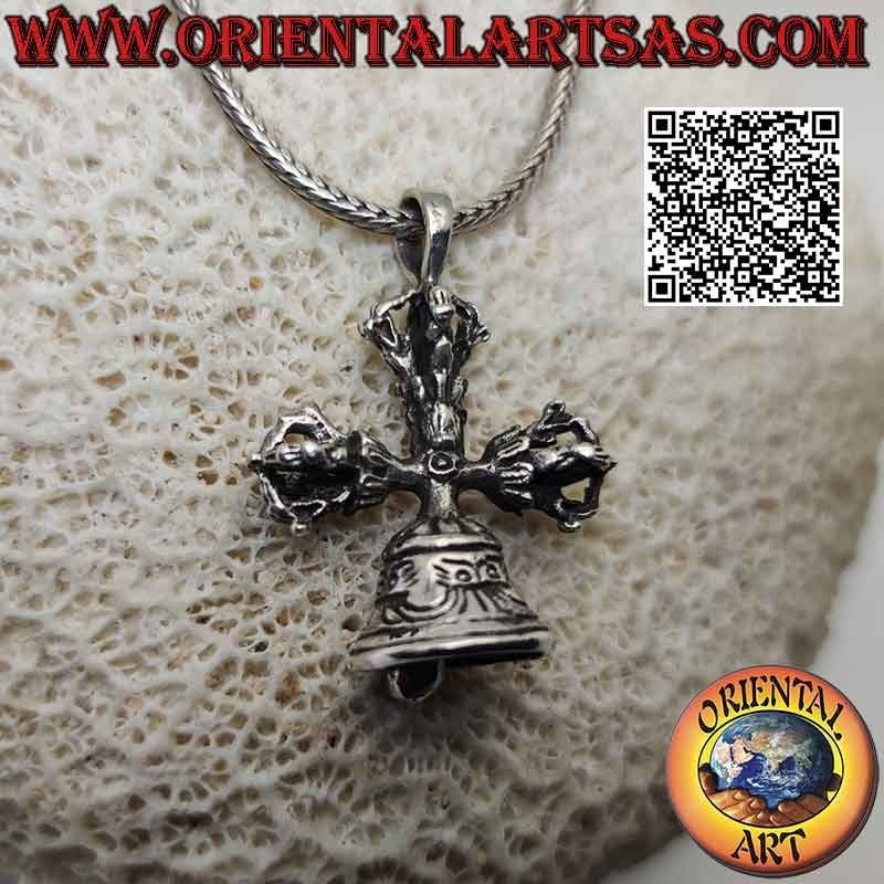 Pendentif en argent, double Dorje ou Vishvajra avec cloche tibétaine tridimensionnelle (croix tibétaine)