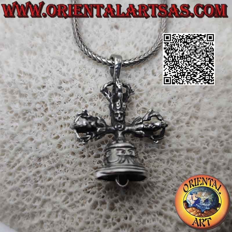 Pendentif en argent, double Dorje ou Vishvajra avec cloche tibétaine tridimensionnelle (croix tibétaine)