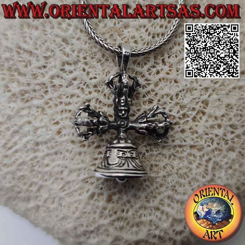Pendentif en argent, double Dorje ou Vishvajra avec cloche tibétaine tridimensionnelle (croix tibétaine)