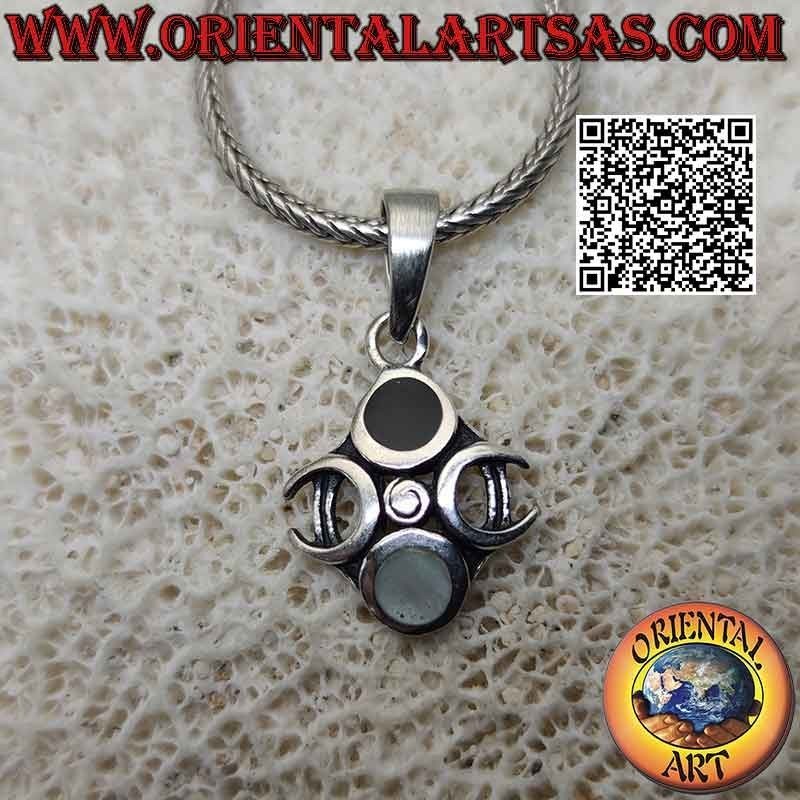 Silberanhänger, dreifache Göttin Mondsymbol (Wicca) mit gegenüberliegendem Onyx und Perlmutt (hell und dunkel)