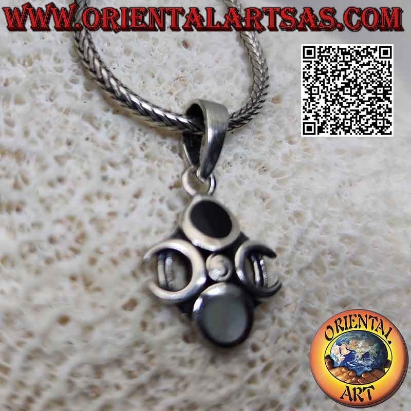 Colgante de plata, símbolo de la triple diosa luna (wicca) con ónix opuesto y nácar (claro y oscuro)