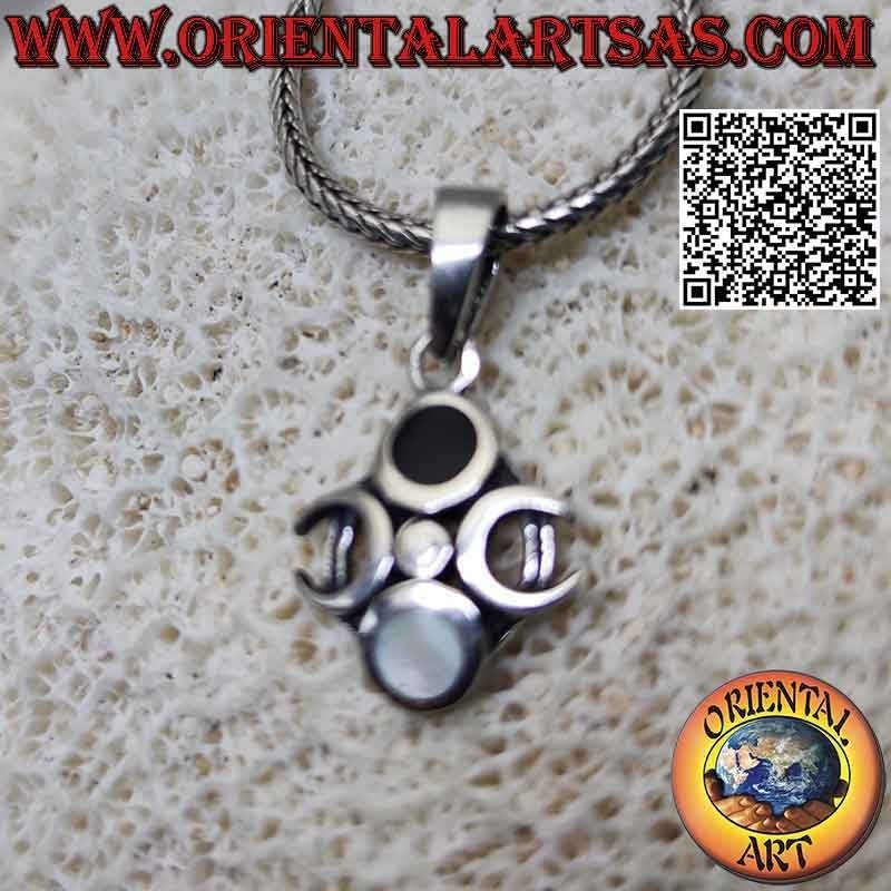 Silberanhänger, dreifache Göttin Mondsymbol (Wicca) mit gegenüberliegendem Onyx und Perlmutt (hell und dunkel)