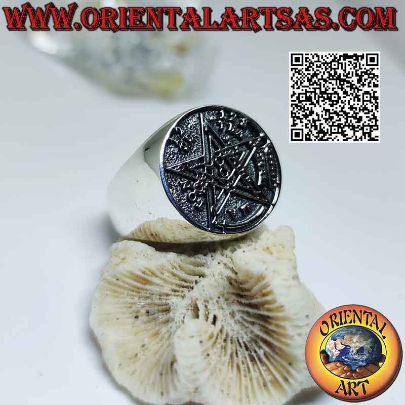 Anillo de plata lisa con Tetragrámaton (Estrella Microcósmica o Talismán con Pentagrama) en bajorrelieve