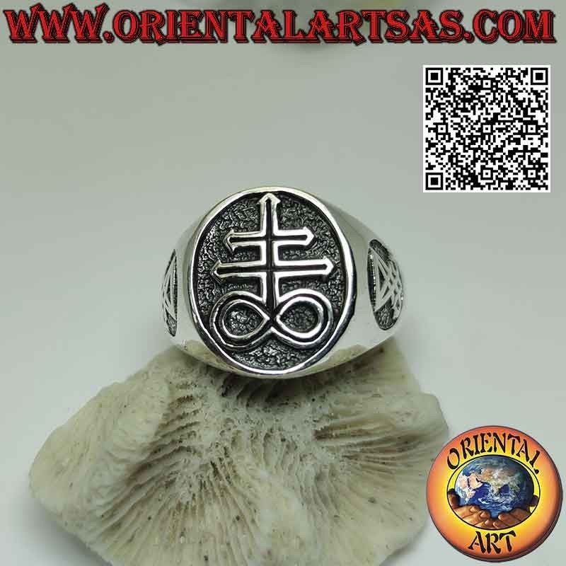 Smooth silver ring with Leviathan's cross and seals of Lucifer or Satan on the sides in bas-relief