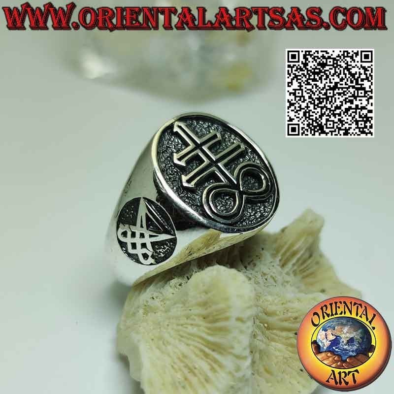 Smooth silver ring with Leviathan's cross and seals of Lucifer or Satan on the sides in bas-relief