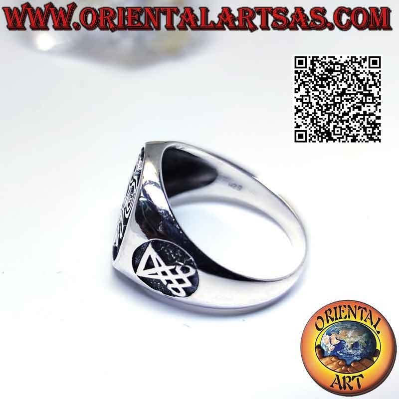 Smooth silver ring with Leviathan's cross and seals of Lucifer or Satan on the sides in bas-relief