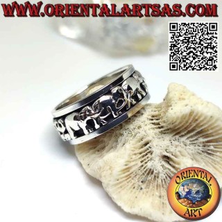 Anillo de plata con banda antiestrés, serie de elefantes en perfil alto relieve
