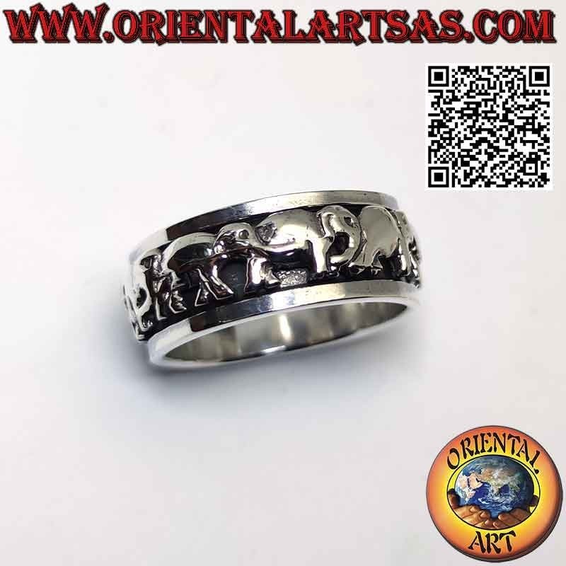 Silver ring with antistress band, series of elephants in high relief profile