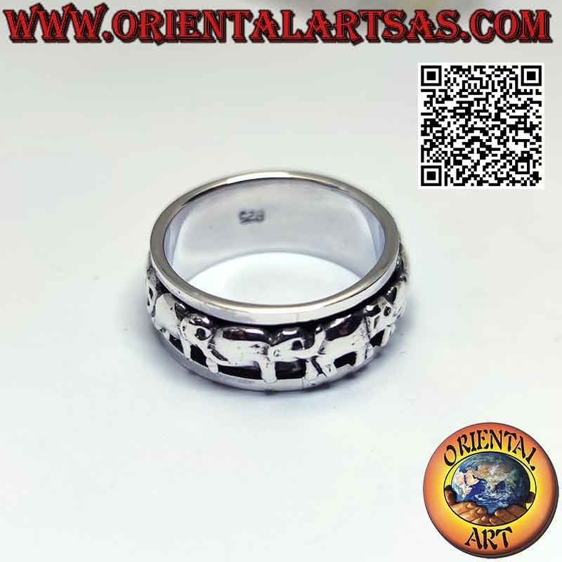 Anillo de plata con banda antiestrés, serie de elefantes en perfil alto relieve