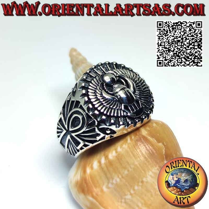 Anillo de plata con escarabajo de estiércol egipcio Khepri, símbolo de la resurrección y cruz ankh en los laterales