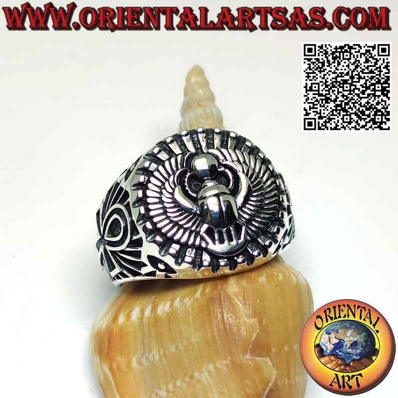 Anillo de plata con escarabajo de estiércol egipcio Khepri, símbolo de la resurrección y cruz ankh en los laterales