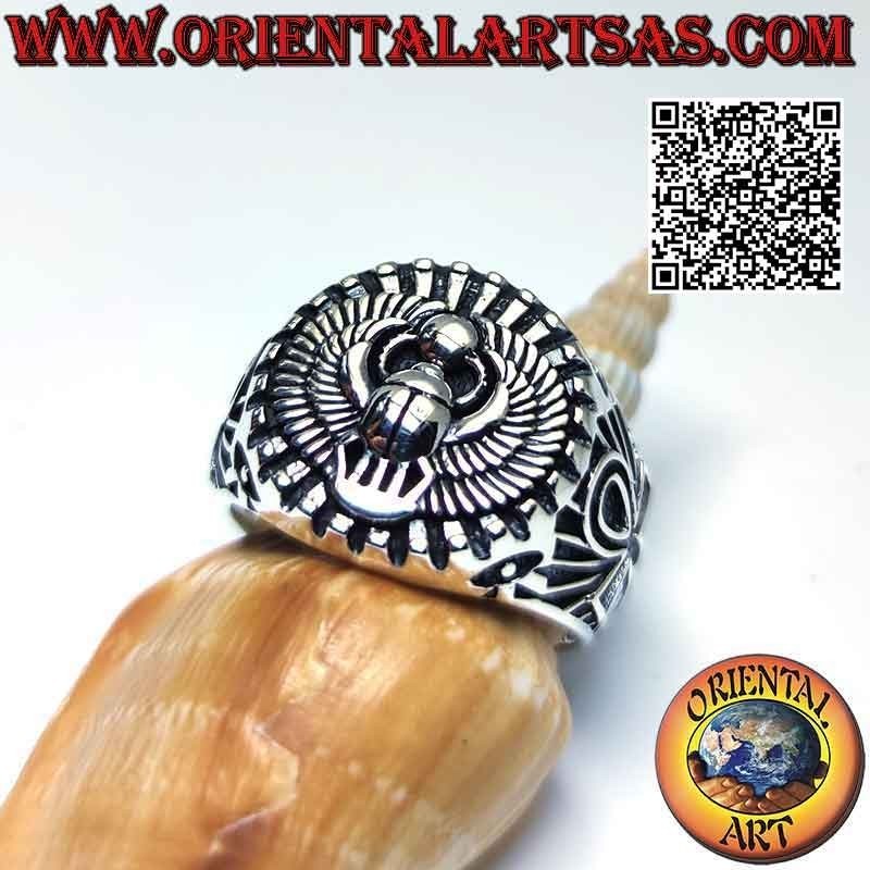 Anillo de plata con escarabajo de estiércol egipcio Khepri, símbolo de la resurrección y cruz ankh en los laterales
