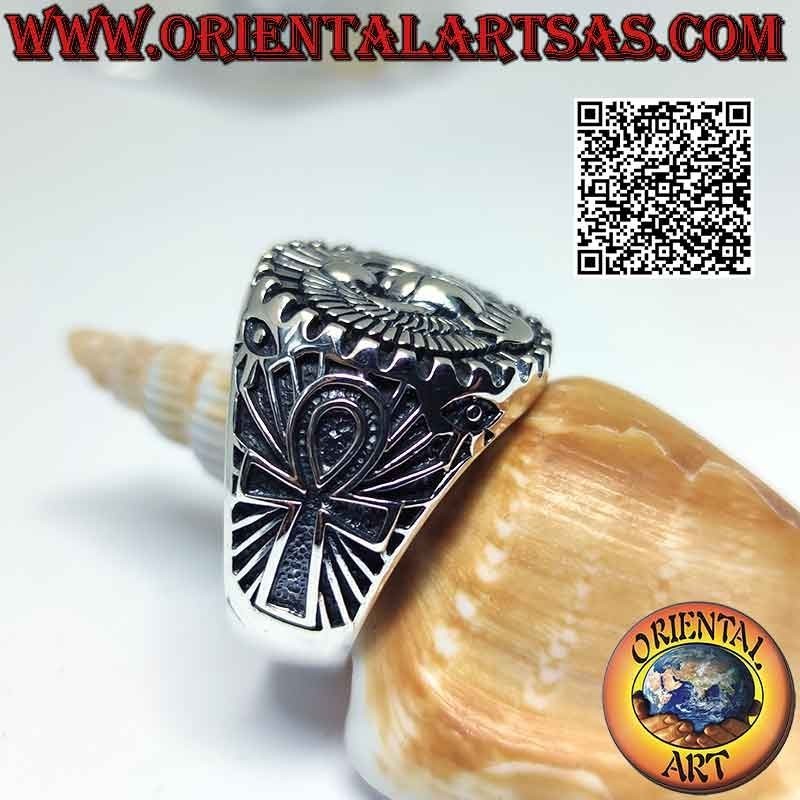 Silver ring with Egyptian dung scarab Khepri, symbol of the resurrection and ankh cross on the sides