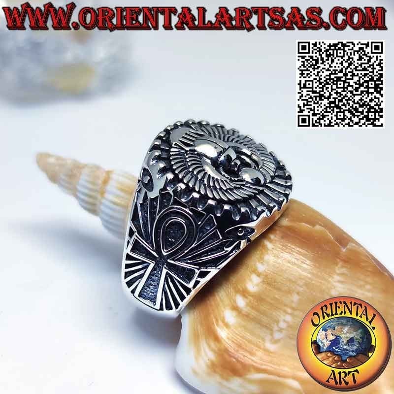 Anello in argento con scarabeo stercorario egizio Khepri, simbolo della resurrezione e croce ankh sui lati