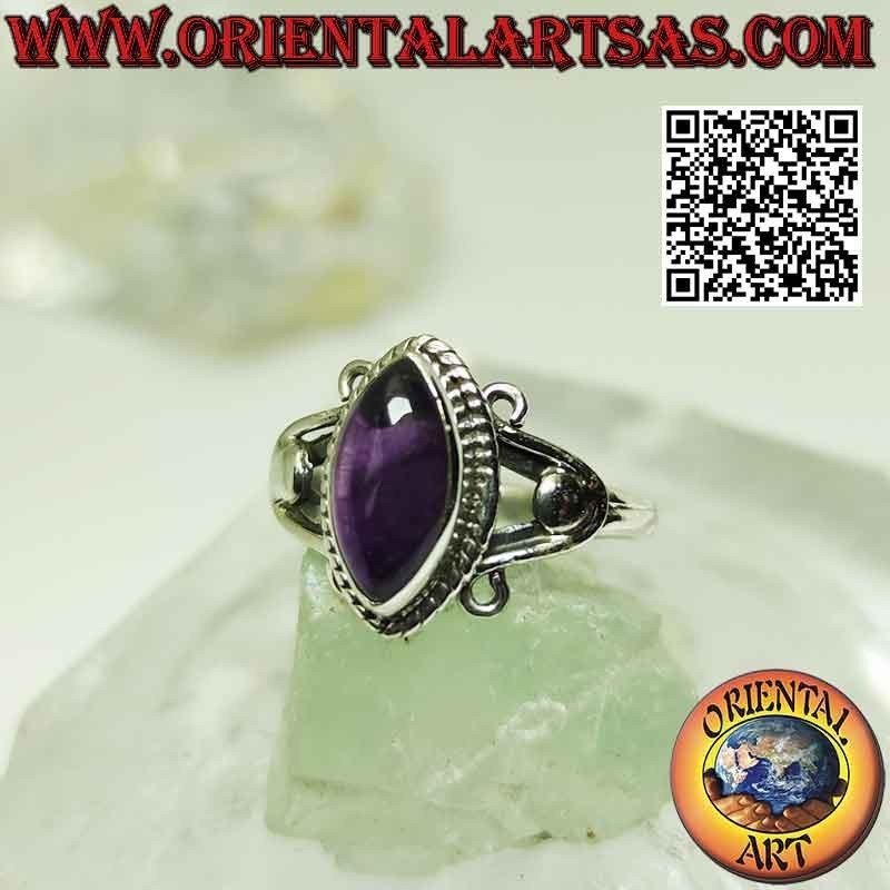 Bague en argent avec cabochon navette améthyste sur monture crochet en U