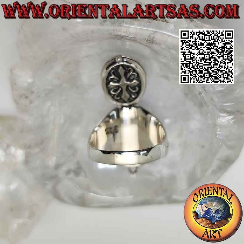 Anello in argento a scatola (porta veleno) ovale con decoro con croce cristiana