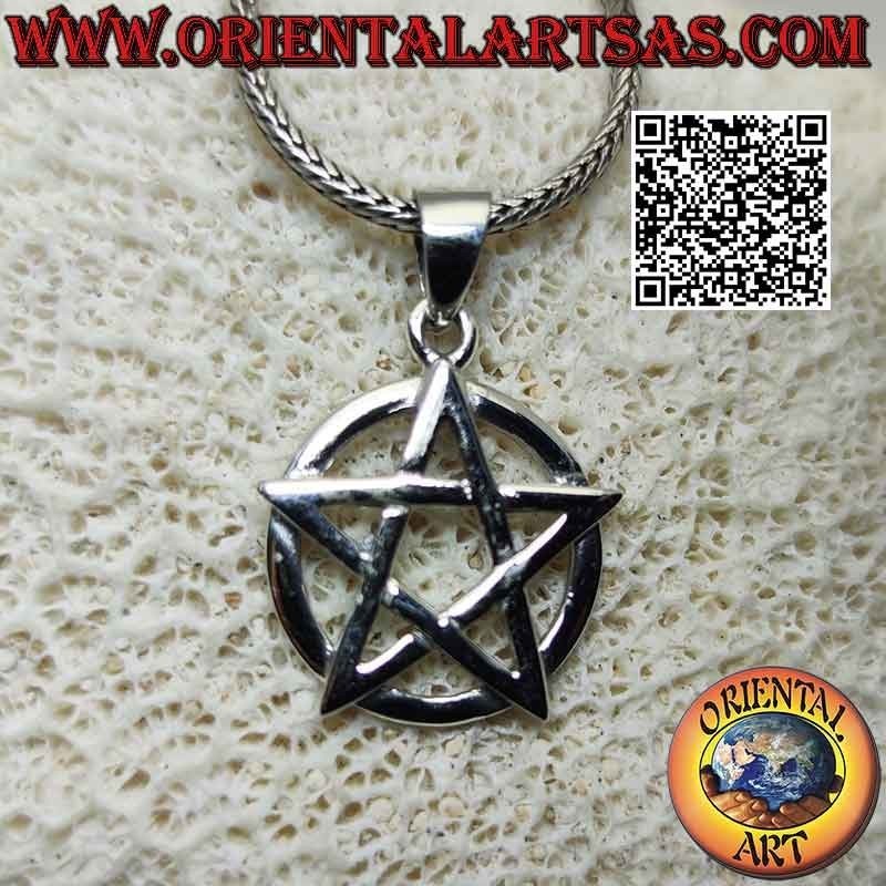 Colgante de plata, pentáculo (símbolo de protección) liso sobre un círculo