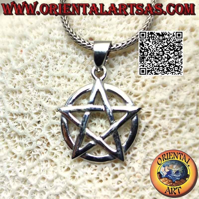 Colgante de plata, pentáculo (símbolo de protección) liso sobre un círculo