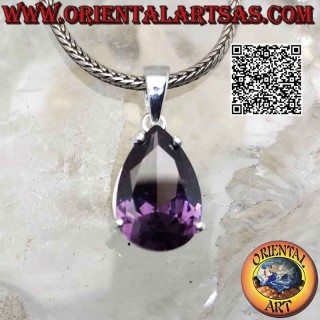 Colgante de plata con amatista sintética en forma de lágrima facetada engastada en doble marco liso