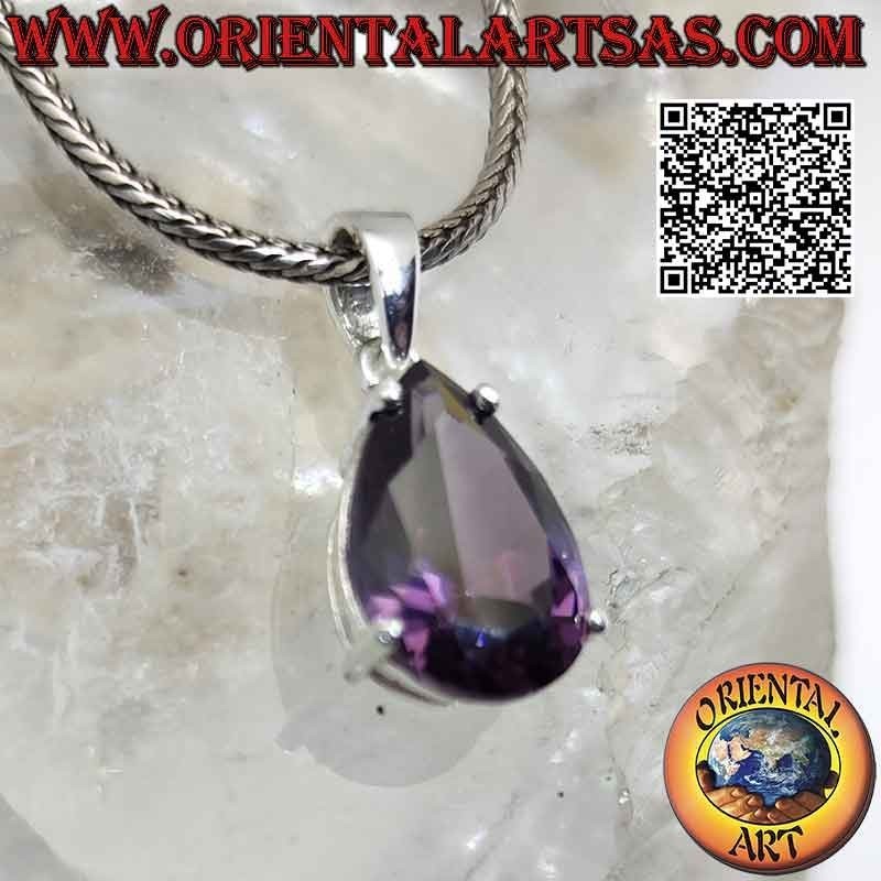 Colgante de plata con amatista sintética en forma de lágrima facetada engastada en doble marco liso
