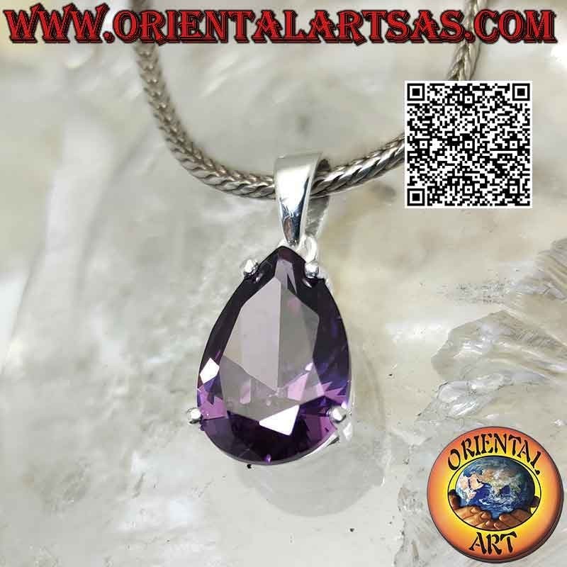 Silver pendant with faceted teardrop synthetic amethyst set on a smooth double frame