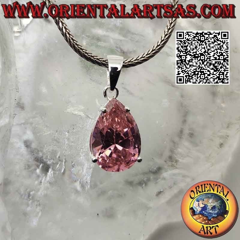 Silver pendant with faceted teardrop-shaped pink cubic zirconia from France set in a smooth double setting