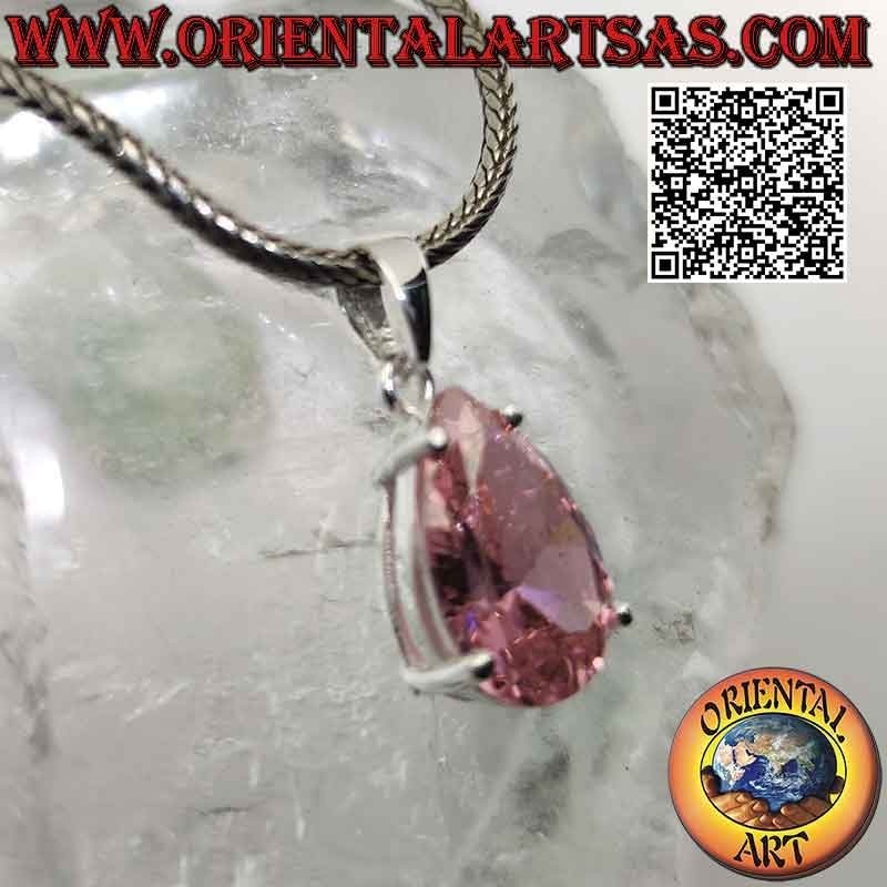 Ciondolo in argento con zircone rosa di Francia sfaccettato a goccia incastonato su montatura liscia doppia