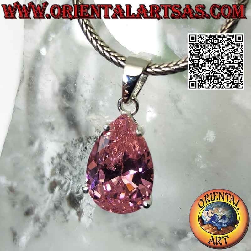 Pendentif en argent avec zircone cubique rose en forme de larme à facettes de France sertie dans un double sertissage lisse