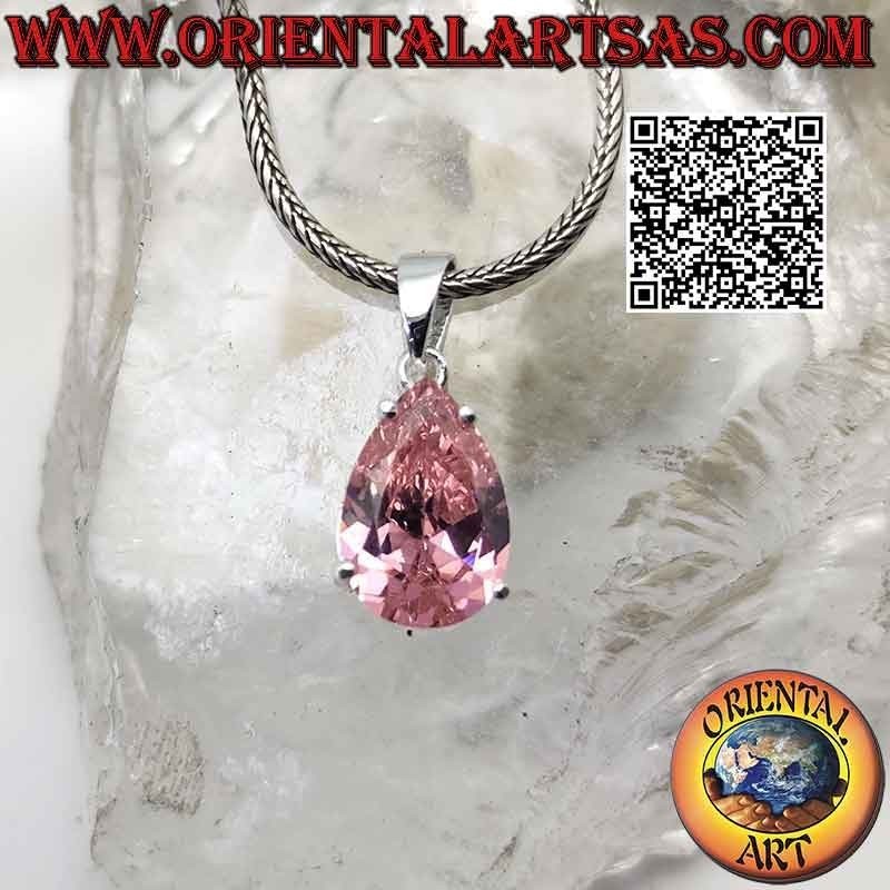 Colgante de plata con circonitas cúbicas rosas facetadas en forma de lágrima de Francia engastadas en doble montura lisa