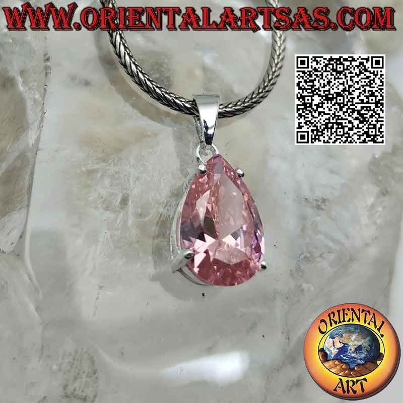 Silberanhänger mit facettierten tropfenförmigen rosa Zirkonia aus Frankreich in einer glatten Doppelfassung