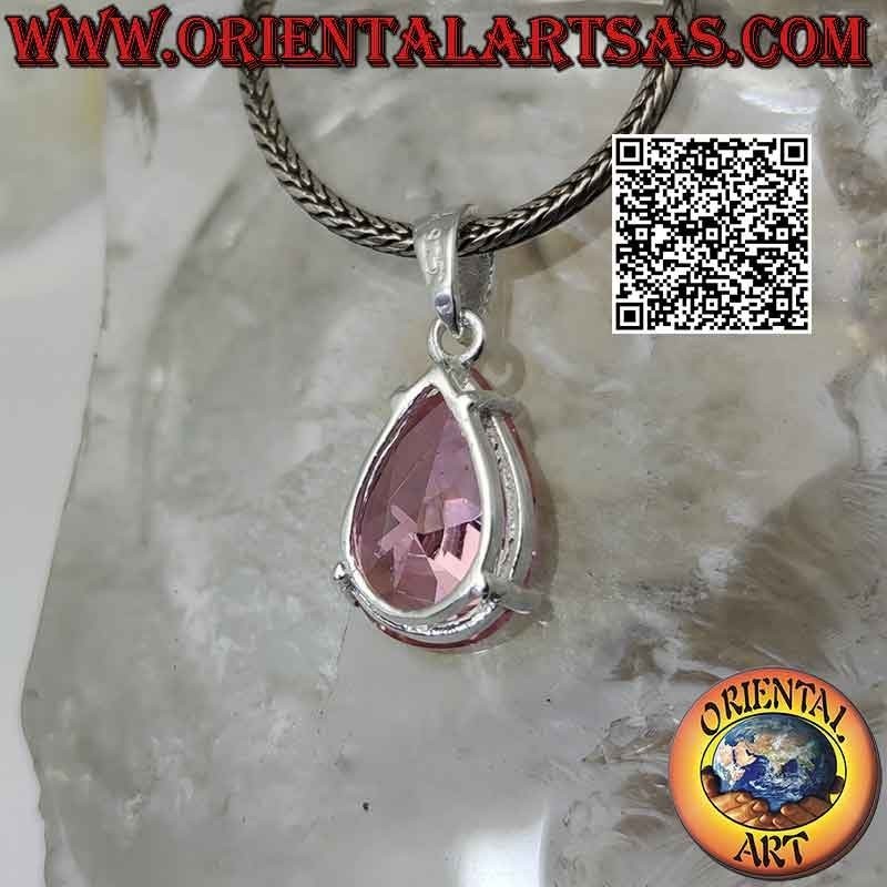 Pendentif en argent avec zircone cubique rose en forme de larme à facettes de France sertie dans un double sertissage lisse