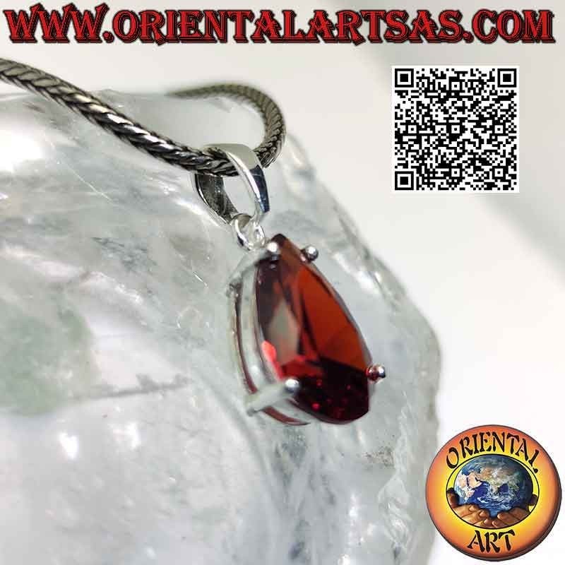 Silver pendant with faceted teardrop garnet set in a smooth double setting