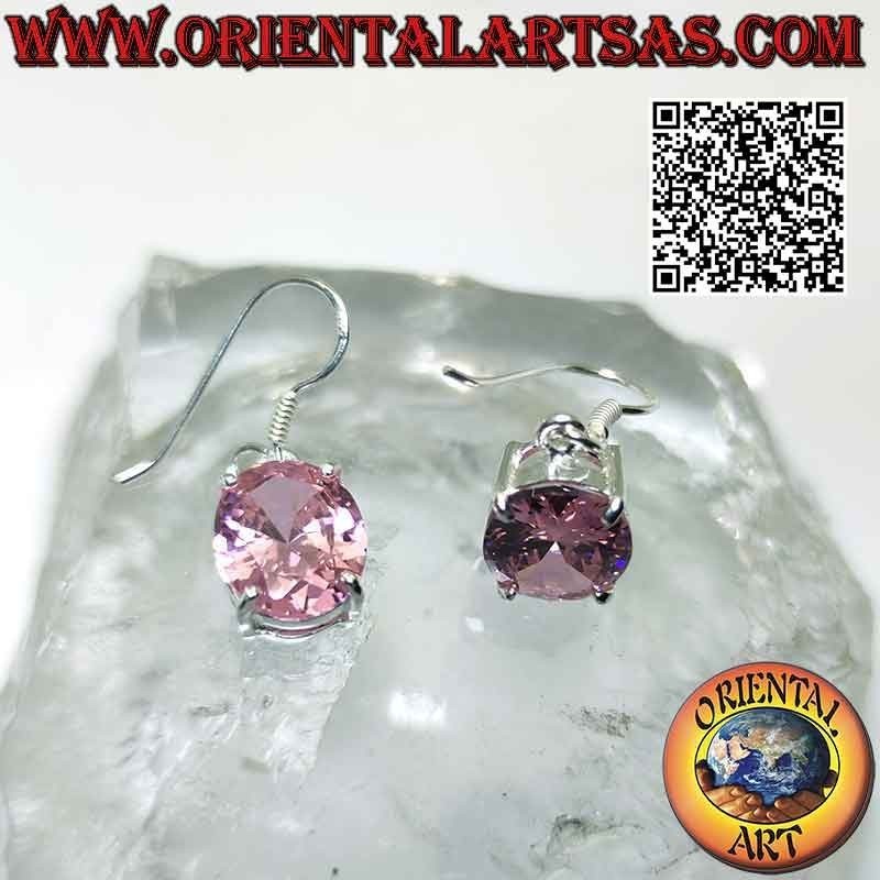 Silver earrings with oval faceted French pink zircon set in a double smooth setting