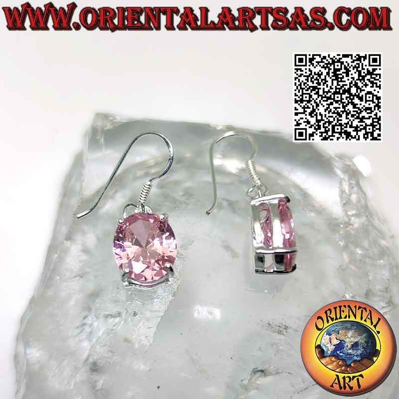 Silver earrings with oval faceted French pink zircon set in a double smooth setting