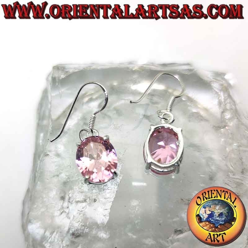 Boucles d'oreilles en argent avec zircon rose français ovale facetté serti dans un double serti lisse