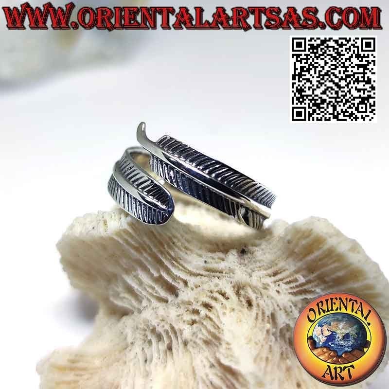 Adjustable long feather silver ring, symbol of purification