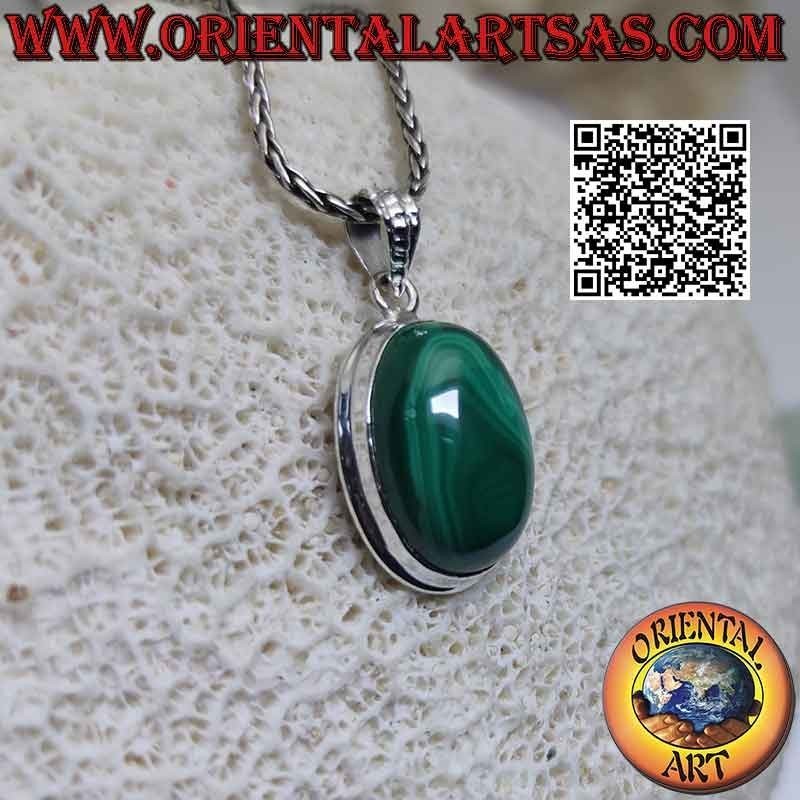 Silberanhänger mit ovalem Malachit-Cabochon und glattem Rand