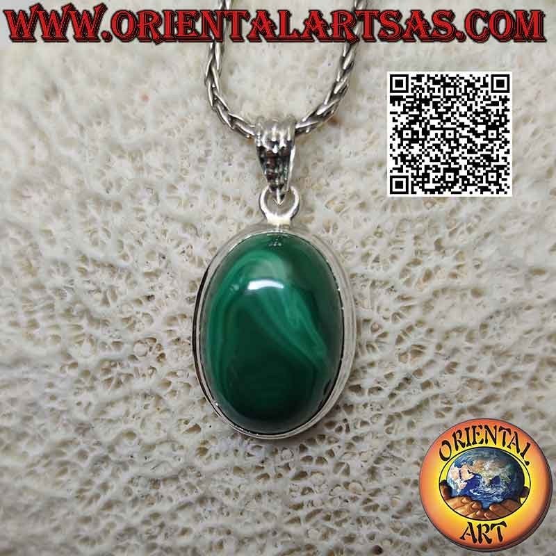 Silberanhänger mit ovalem Malachit-Cabochon und glattem Rand