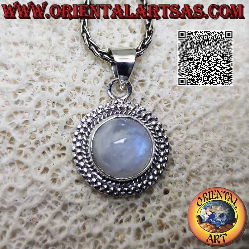 Silver pendant with round cabochon rainbow moonstone surrounded by a double row of alternating microspheres