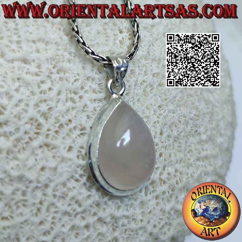 Ciondolo in argento con quarzo rosa a goccia cabochon e bordo liscio