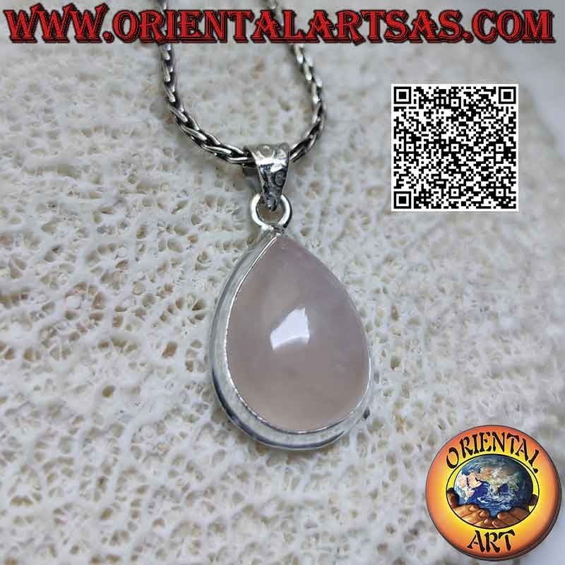 Silberanhänger mit Cabochon-Tropfen-Rosenquarz und glatter Kante