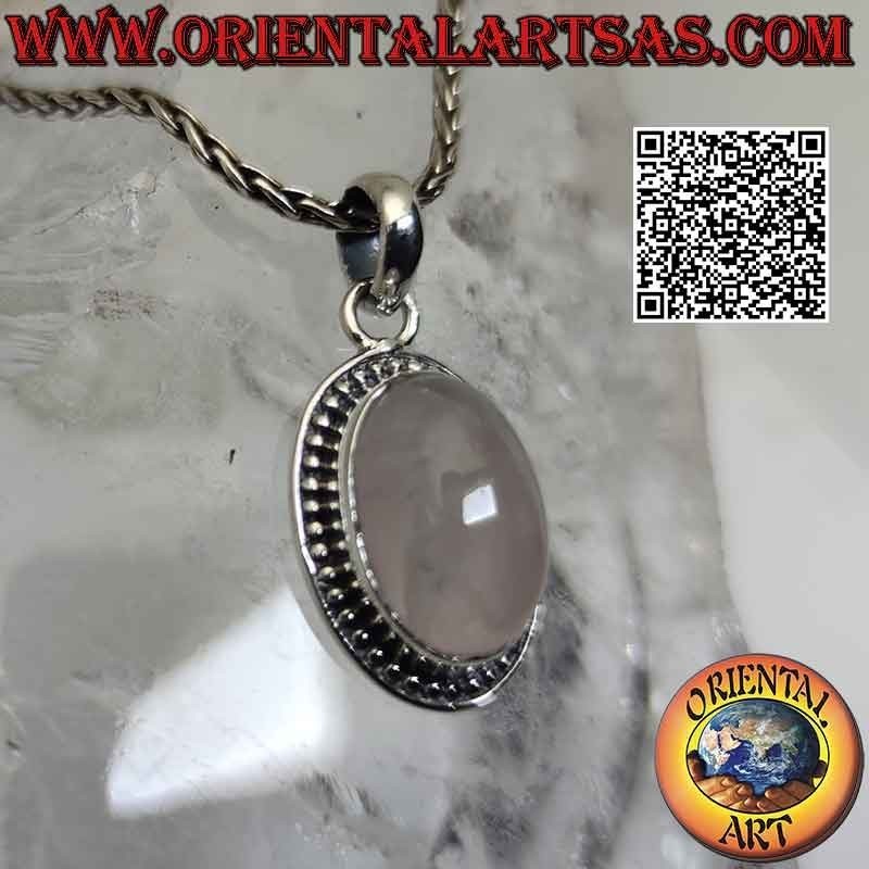 Silver pendant with cabochon oval rose quartz surrounded by a row of smooth microspheres