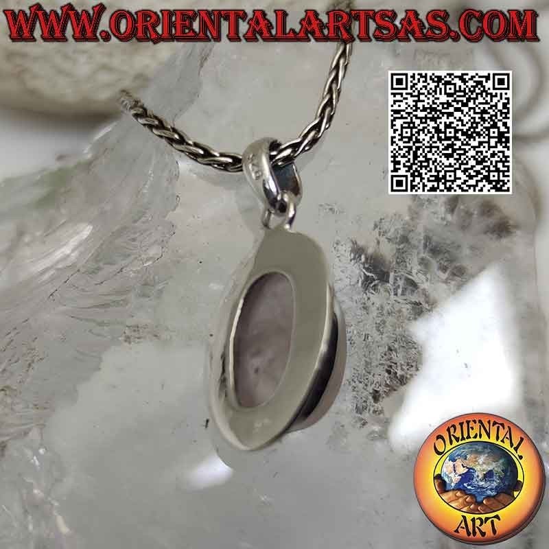 Ciondolo in argento con quarzo rosa ovale cabochon contornato da una fila di microsfere lisce (15x12)