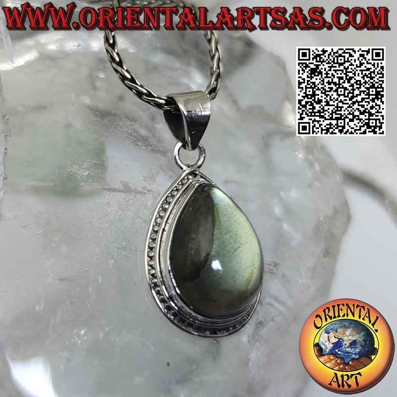 Silver pendant with cabochon drop labradorite on a smooth setting with a row of microspheres