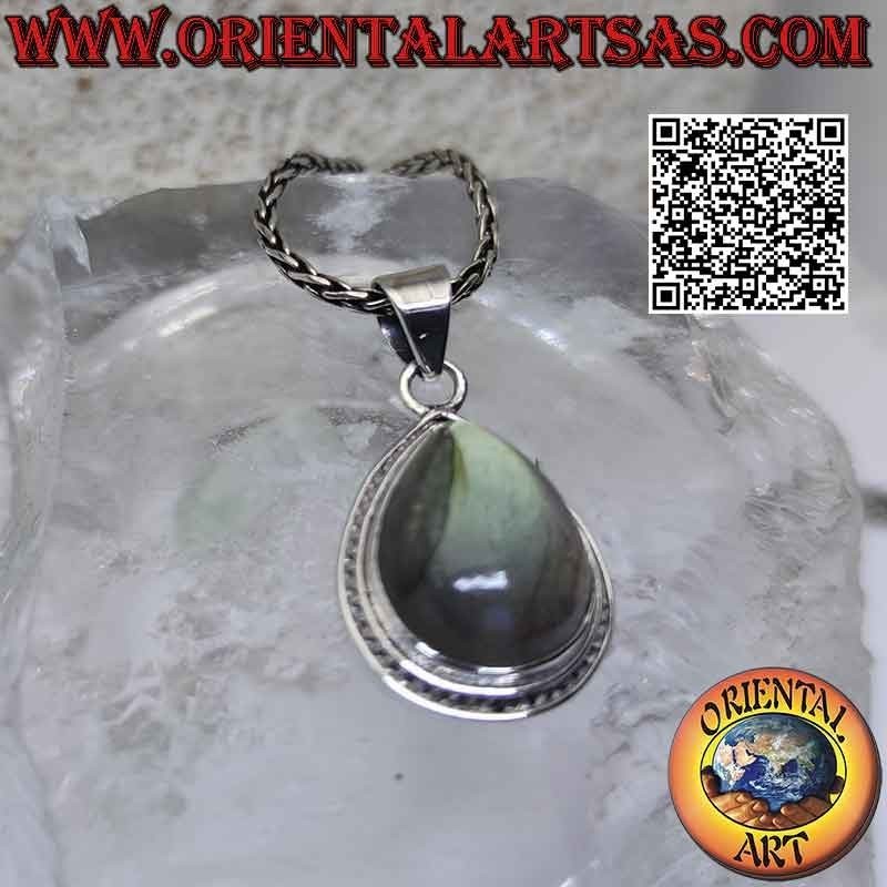 Silver pendant with cabochon drop labradorite on a smooth setting with a row of microspheres