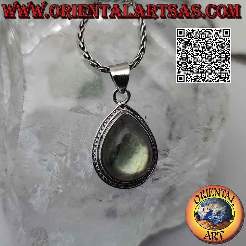 Silver pendant with cabochon drop labradorite on a smooth setting with a row of microspheres